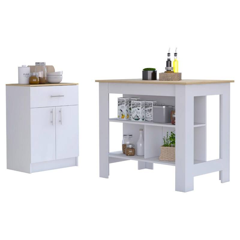 2 Piece Kitchen Set, Kitchen Island + Pantry Cabinet , White /Light Oak - White