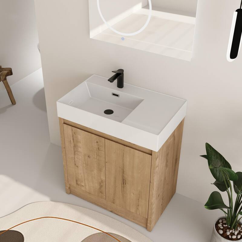 ARTCHIRLY 24/30 Inch Bathroom Vanity with Sink, Freestanding Bathroom Vanity with Soft Close Door and Adjustable Shelf - 30''W - Imitative Oak with Left Basin