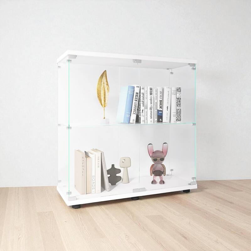 2-Tier Glass Display Cabinet with Double Doors and Lock, Tempered Glass Showcase with MDF Base