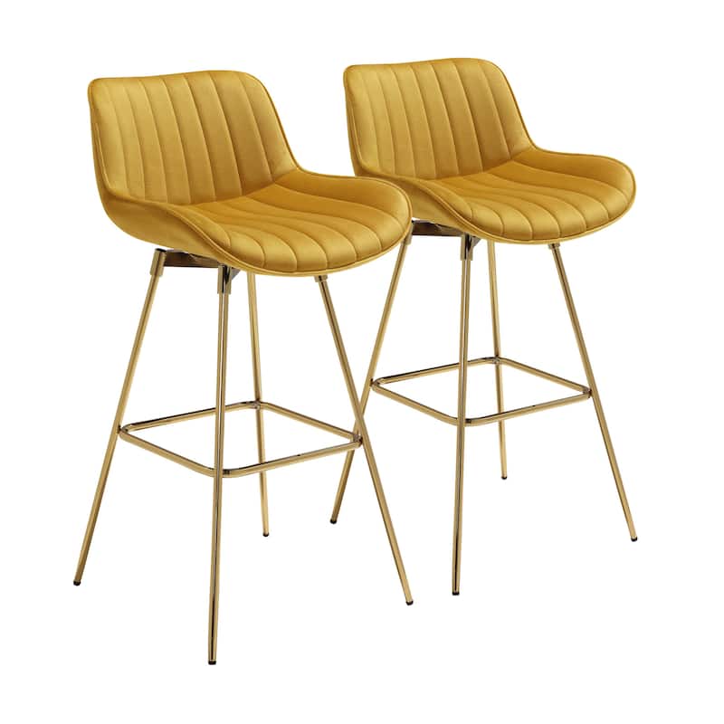 HomeRoots Set of Two 29" Yellow and Gold Velvet and Metal Low Back Bar Height Swivel Bar Chairs