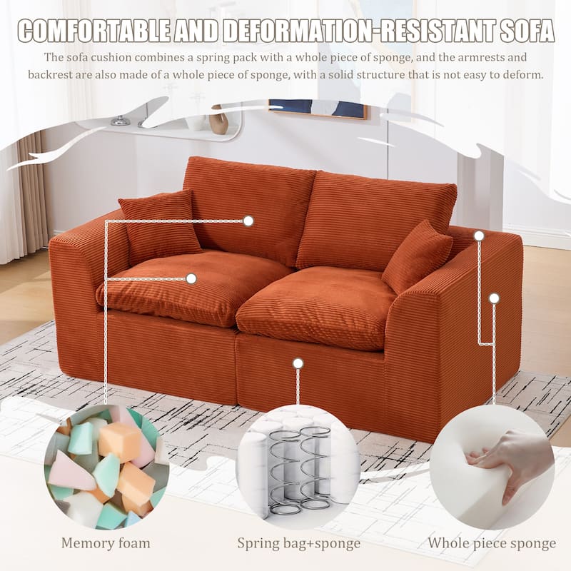 Modern 2-Seater Corduroy Cloud Sofa Modular 2-Piece Sectional Sofa with Removable Covers, for Living Room, Bedroom, Orange