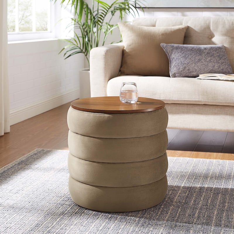 Mezzo Round Performance Velvet Storage Ottoman - Taupe