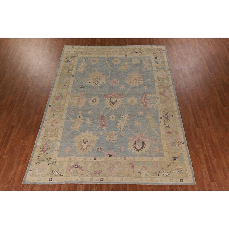 Light Blue Vegetable Dye Oushak Rug Hand-Knotted Turkish Wool Carpet - 9'0" x 11'9"