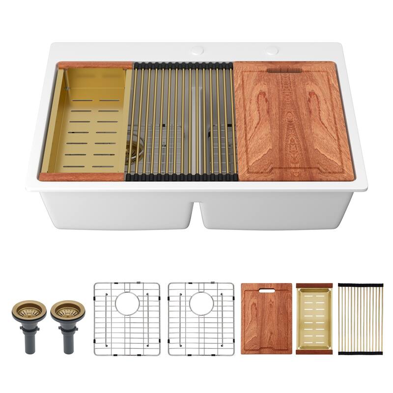 33 Inch Drop-in Double Bowl Quartz Kitchen Sink in White - 33'' x 22'' x 9.65''