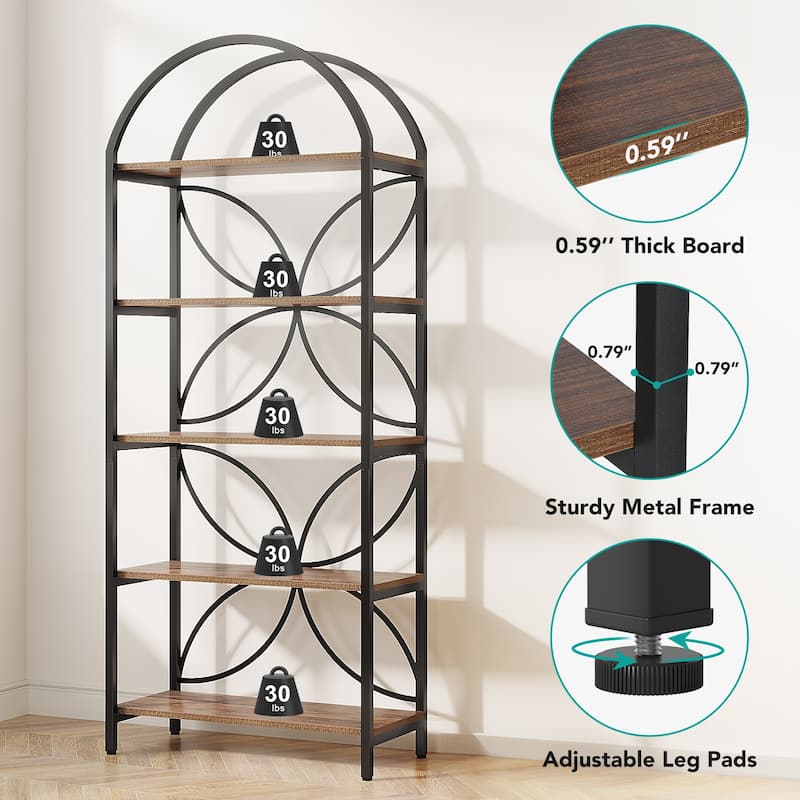 5-Tier Open Bookshelf, 75 Inch Arched Bookcase Shelf