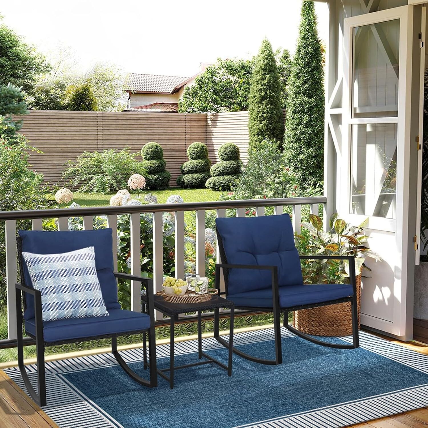SUNCROWN Outdoor Patio 3 piece Rocking Black Wicker Bistro Set