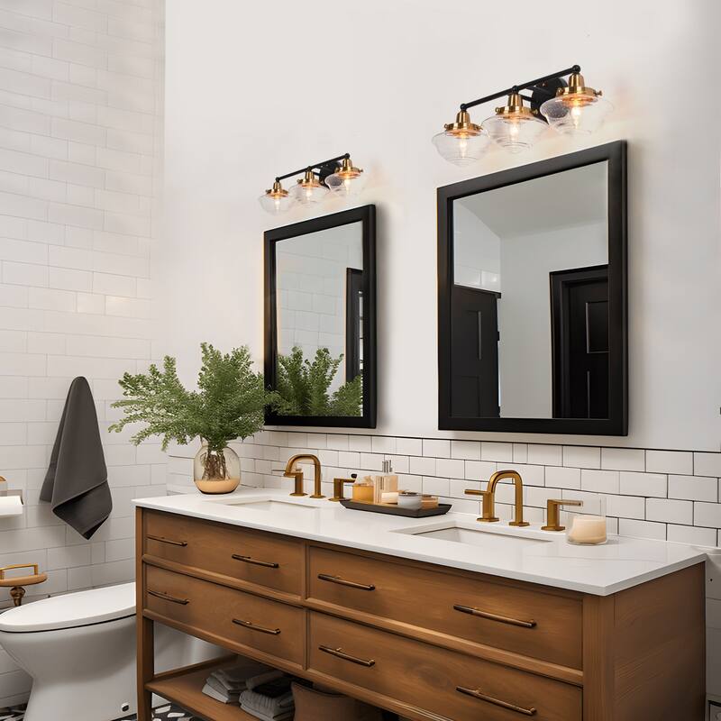 Rumar Modern 3-Light Black Gold Bathroom Vanity Light Dimmable Wall Sconces with Schoolhouse Glass - 22.8'' L x 8.3'' W x 9'' H