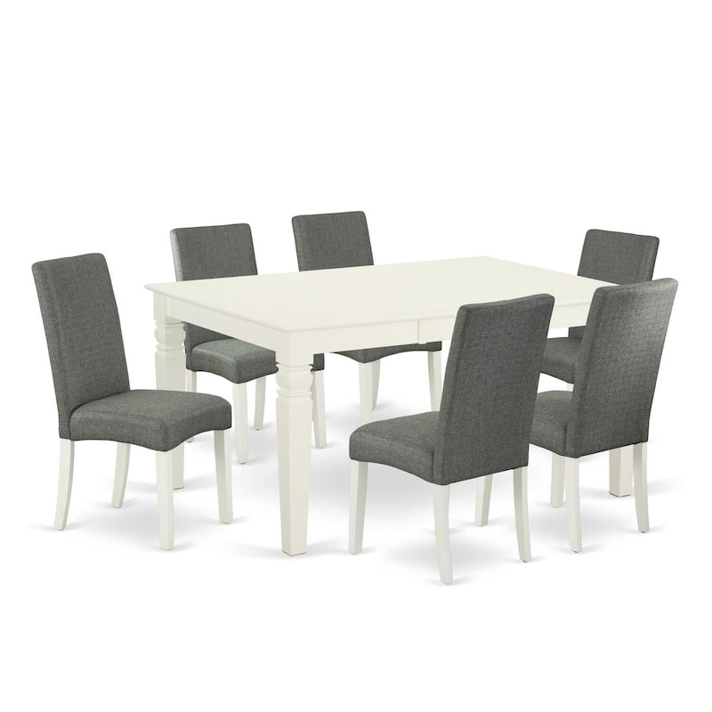 Modern Dinette Table Set - 7Pc Rectangular Table & 6 Chairs - 42/60" Table with Leaf - Linen White Legs