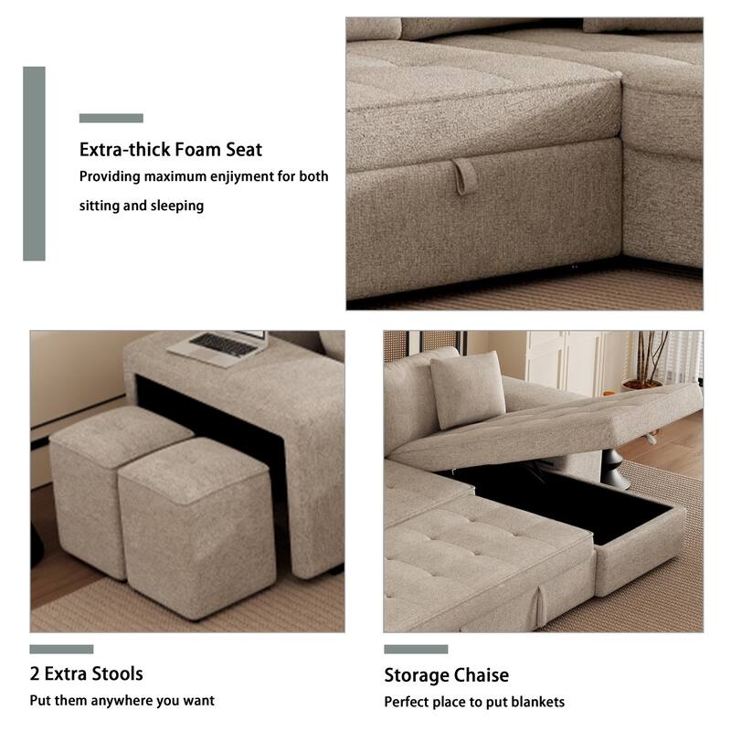 104.5" L-Shape 3 Seat Reversible Sectional Couch with Storage Chaise and 2 Stools, Modern Pull Out Sleeper Sofa with Pillow