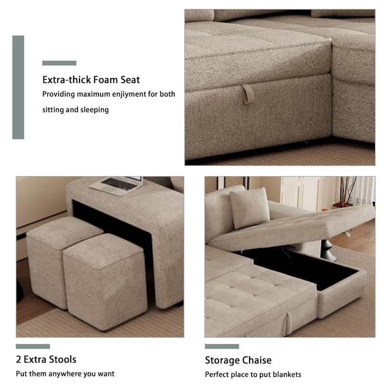 Roomfitters 3-Seater Modern L-Shape Reversible Sectional Couch, Pull-Out Sleeper Sofa with Storage Chaise and Two Stools