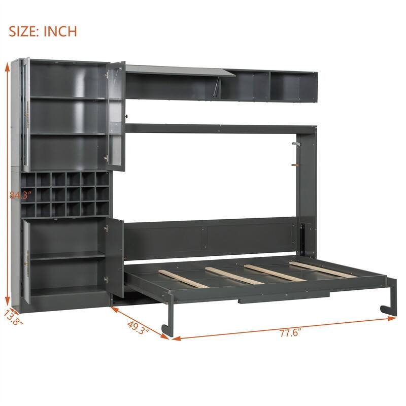 Full/Queen Size Murphy Bed Wall Bed with Sofa, Light and USB Charging, Foldable Murphy Cabinet Bed w/ Storage Shelves & Cabinets
