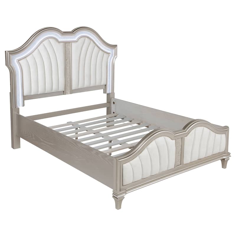 Nive 4pc Queen Bedroom Set, Ivory Channel Tufted Bed with Silver Oak