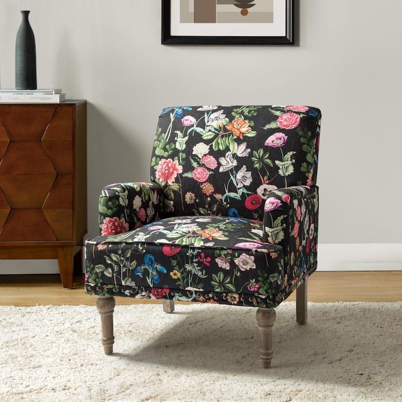 Geltrude Traditonal Floral Fabric Design Upholstered Accent Armchair with Turned Legs by HULALA HOME - BLACK