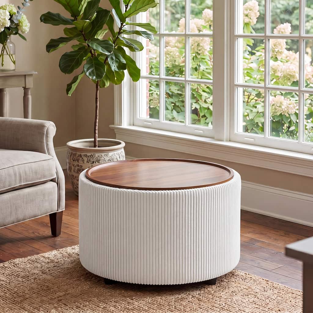 Adeco 28" Round Storage Ottoman Coffee Table with Removable Wood Lid