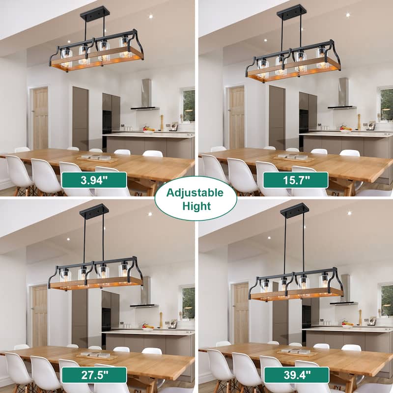 Starsky 4-Light Modern Farmhouse Black Chandelier Wooden Linear Kitchen Island Light