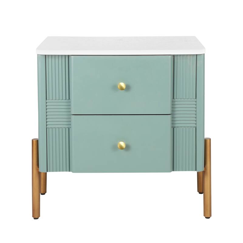 Green Fluted Bedside Table Nightstand with 2 Storage Drawer, End Table Storage Cabinet with Metal Handles and Legs