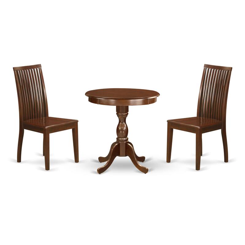 East West Furniture 3 Piece Modern Dining Table Set- a Round Wooden Table with Pedestal and 2 Dining Chairs, (Seat Type Options)