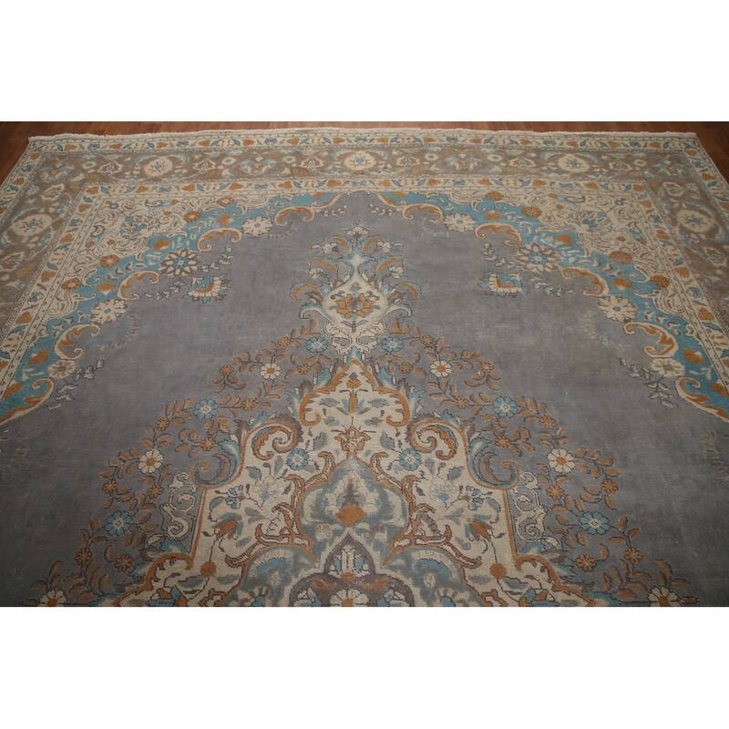 Hand Knotted Oriental 100% Wool Carpet Traditional Medallion Greys & Charcoal Tabriz Area Rug - 12' 8'' X 9' 6''