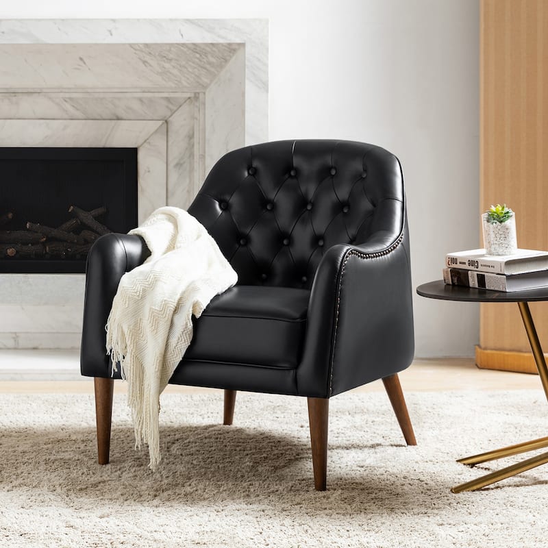 Melisa Classic Genuine Leather Wood Legs Barrel Chair With Tufted Back By HULALA HOME - Black