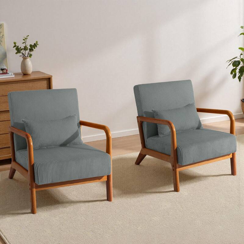 25" W Mid Century Upholstered Wood Accent Chair with Pillow set of 2