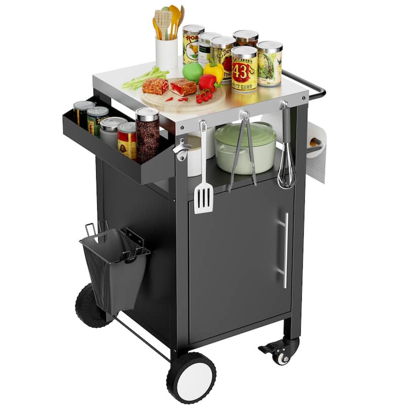 Anmytek Black Outdoor Grill Cart Rolling BBQ Table with Storage Hooks and Spice Rack for Patio Grilling Accessories