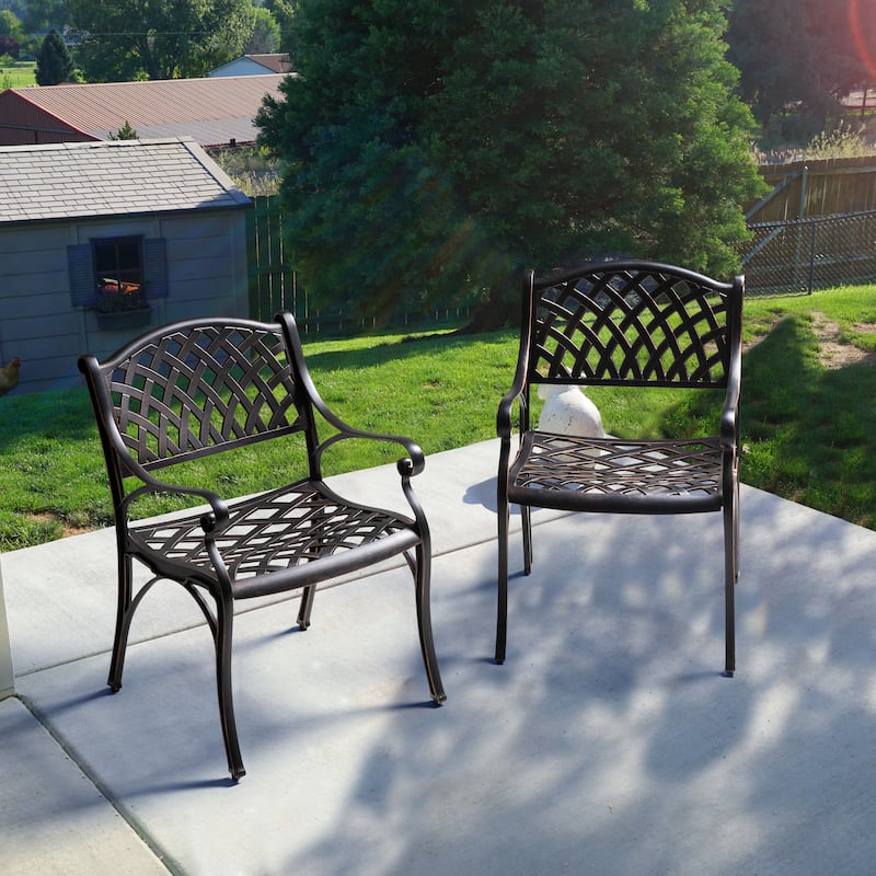 Outdoor 2-Piece Patio Cast Aluminum Dining Chairs with Armrests - Black with Gold-painted Edge