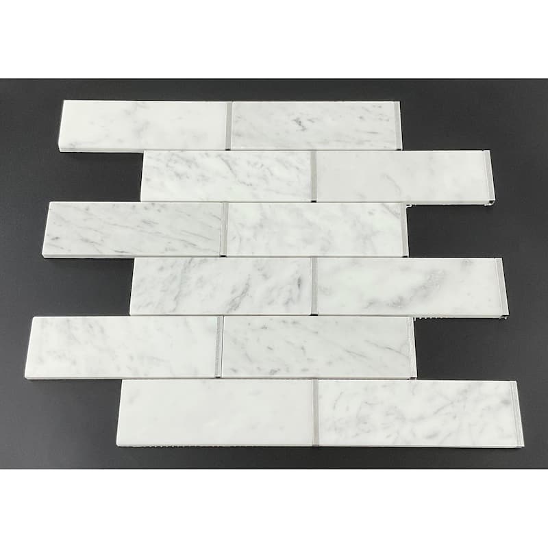 White Carrara and Silver Metal Brick Marble Wall and Floor Mosaic - Case (10 Sheets)