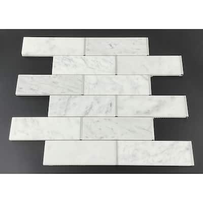 White Carrara and Silver Metal Brick Marble Wall and Floor Mosaic - Case (10 Sheets)