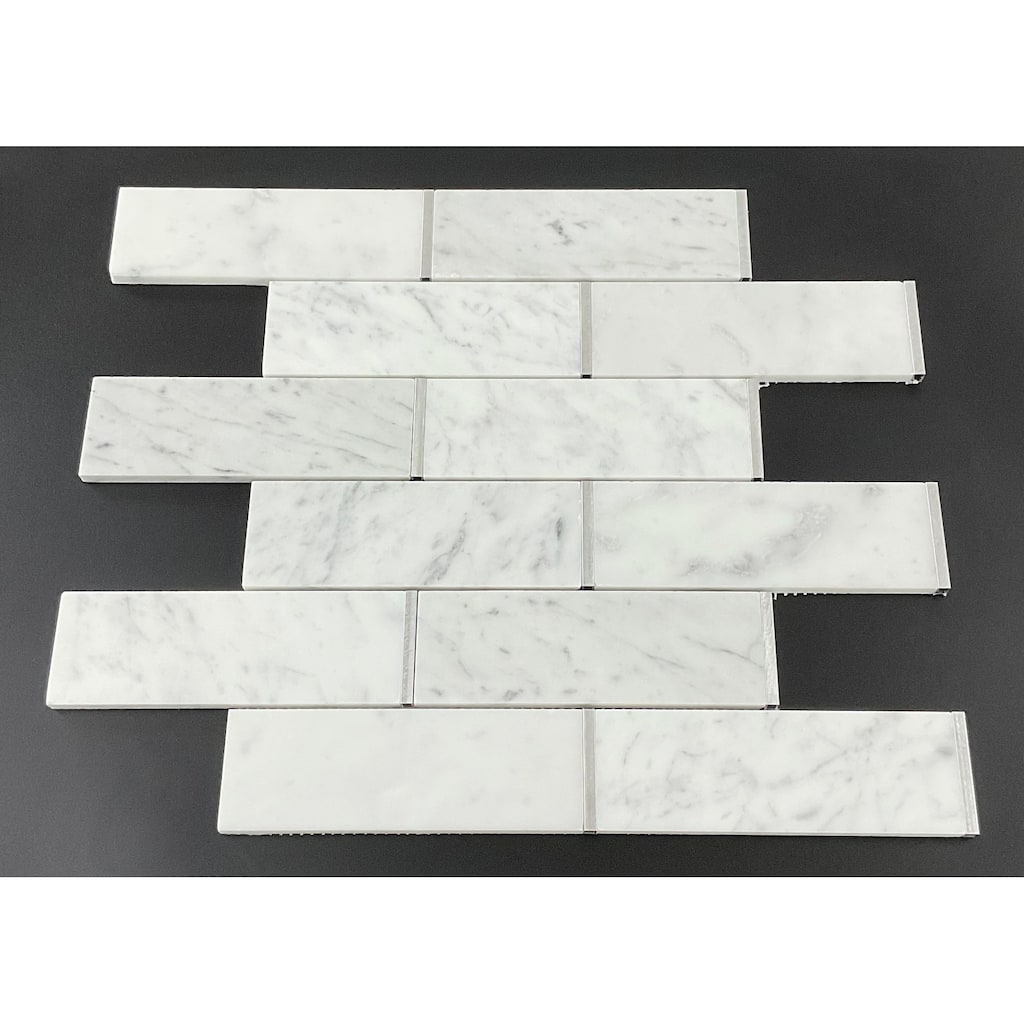 White Carrara and Silver Metal Brick Marble Wall and Floor Mosaic - Case (10 Sheets)
