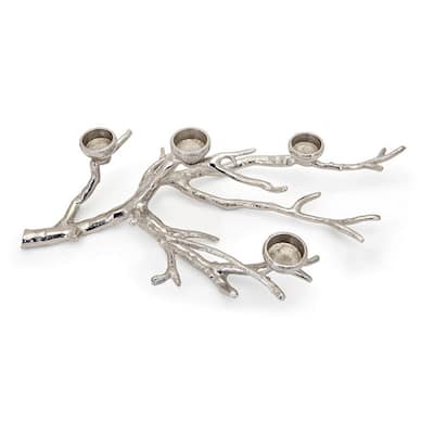 23 Inch Metal Tea Light Holder, Tree Branch Design, 4 Candle Slots, Silver