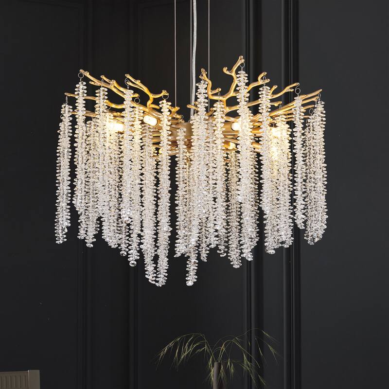 23.6" W 8-Light Modern Glam Tree Branches Style Crystal Raindrop Chandelier Hanging Light for Dining & Living Room