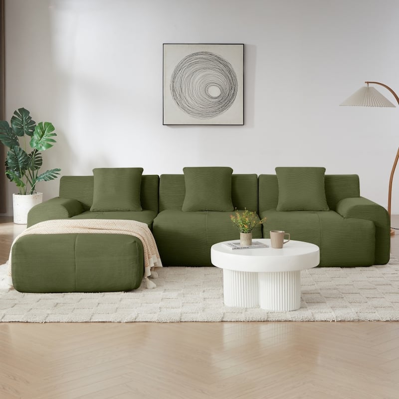 113" Modern L-Shaped Corduroy Upholstery Modular Sectional Sofa with Deep Seat and Movable Ottoman