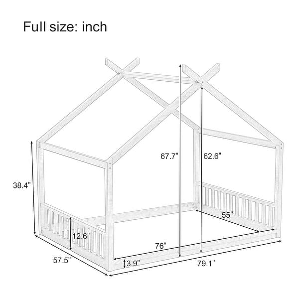 dimension image slide 0 of 2, Montessori House-shape Bed Frame for Kids Toddler Floor Bed with Fence Headboard Footboard, Low Wooden Tent Bed Without Slats