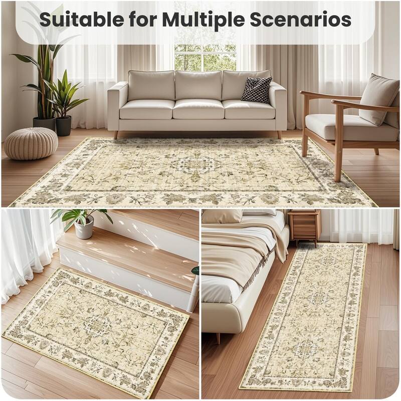 Vintage Boho Area Rugs Machine Washable Non Slip Living Room Rug