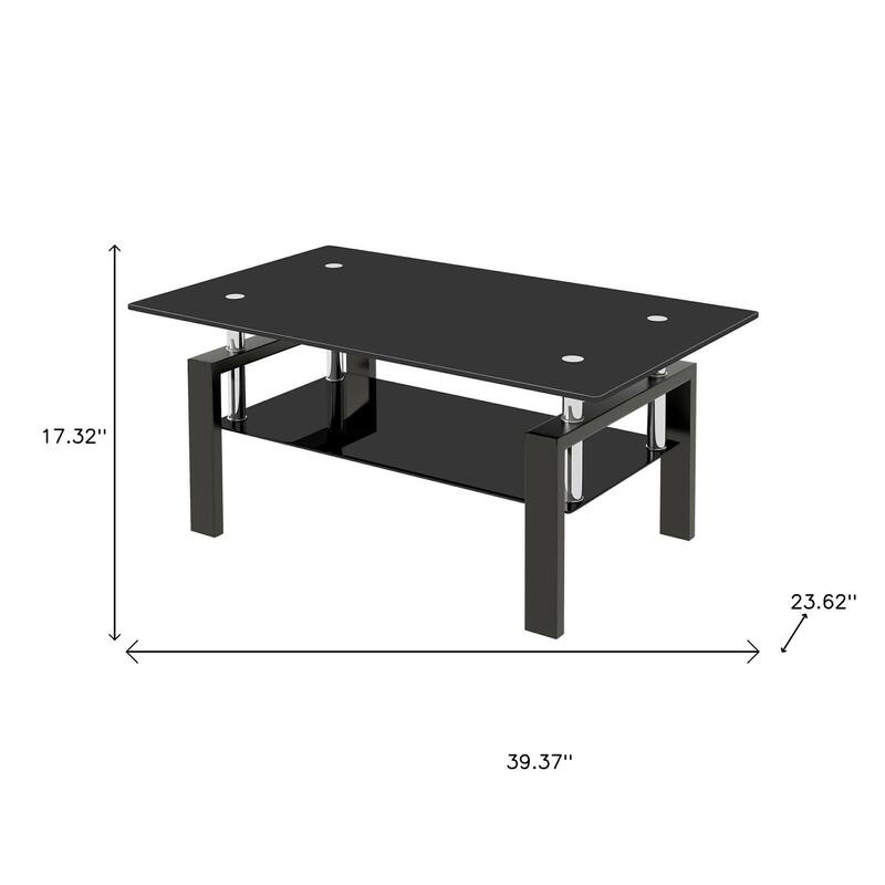 HomeRoots 39" Black Glass and Steel Coffee Table With Shelf - 39.37 in. x 17.32 in. x 23.62 in.