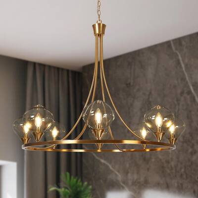 Modern Glam 39.3-inch 8-Light Chandelier Gold Candle Wagon Wheel Glass Lighting for Dining Room - Plating Brass - D39.3"*H92.6"
