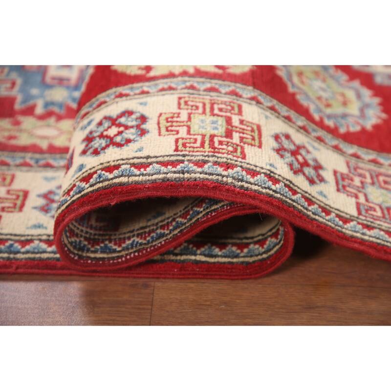 Hand Knotted Oriental 100% Wool Carpet Traditional Geometric Red Kazak Runner Rug - 6' 8'' X 2' 9''