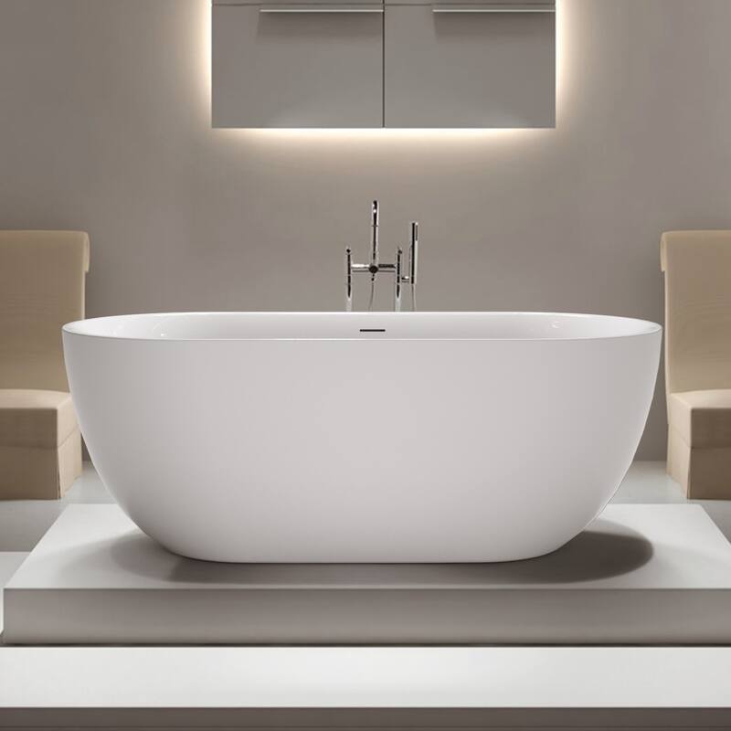 67'' x 31'' Freestanding Acrylic Bathtub Modern Stand Soaking Tub with Polished Chrome Round Overflow & Pop-up Drain - White
