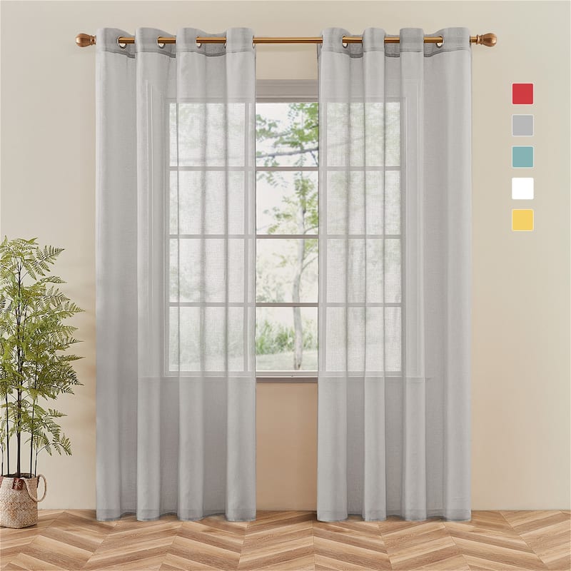 Topfinel Solid Grommet Sheer Window Curtains Faux Linen (Set of 2)