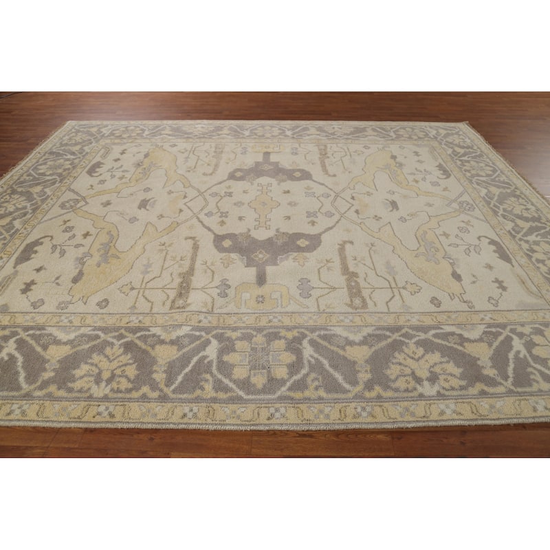 Earth Tone Oushak Indian Rug Hand-Knotted Floral Wool Carpet - 9'2"x 11'6"