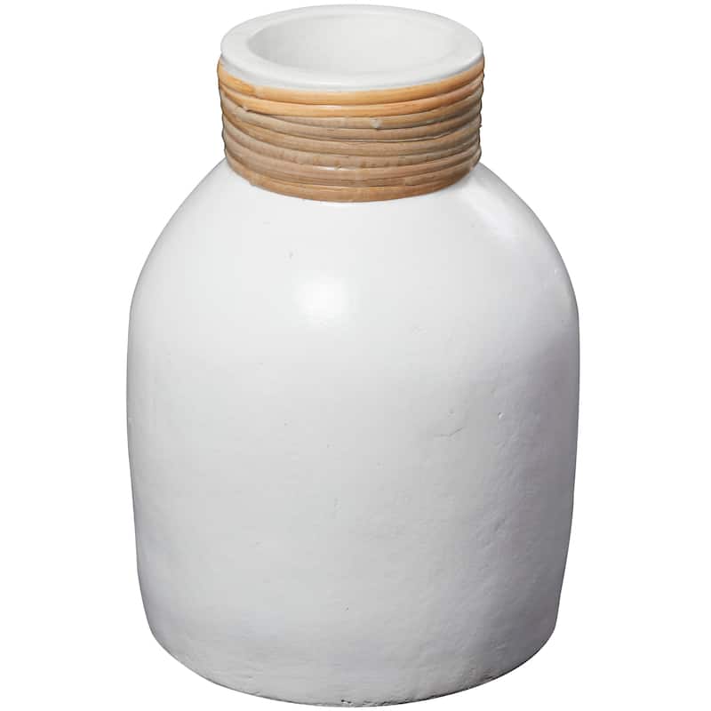 White Ceramic Decorative Vase with Wrapped Rattan Detailing
