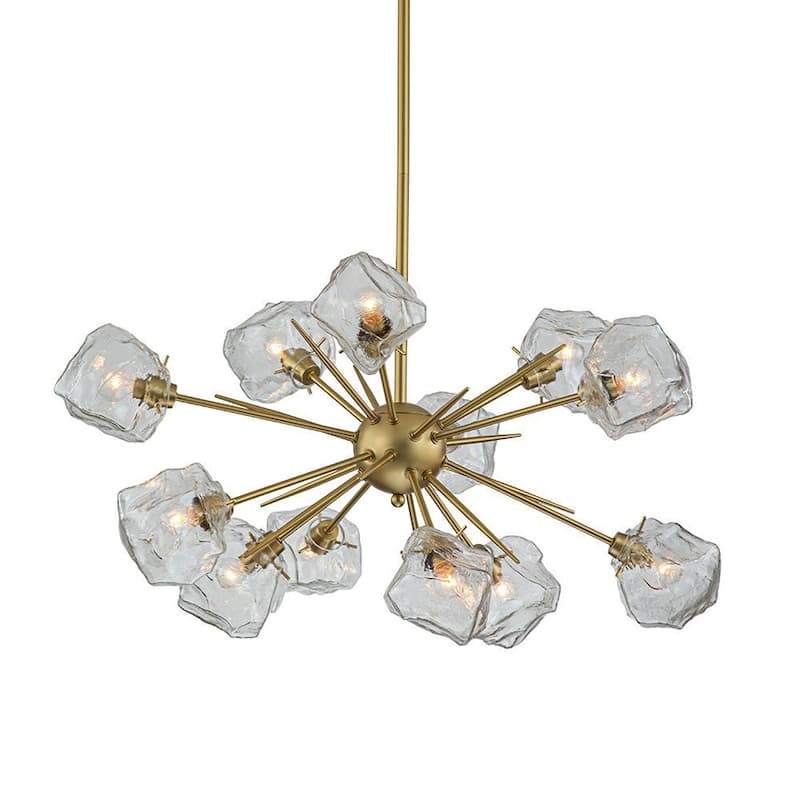 12-Light Sunburst Clear Glass Ice Shade Chandelier Brushed Brass