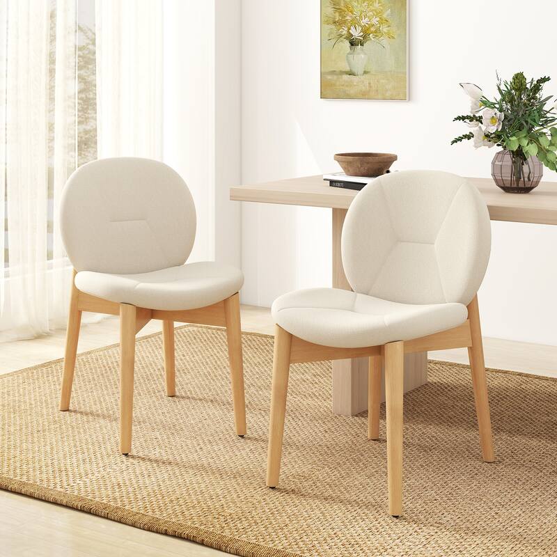 White-Natural Rubber Wood Dining Chair Set of 2 with Boucle Cushion and Ergonomic Design - 20" x 24" x 33"