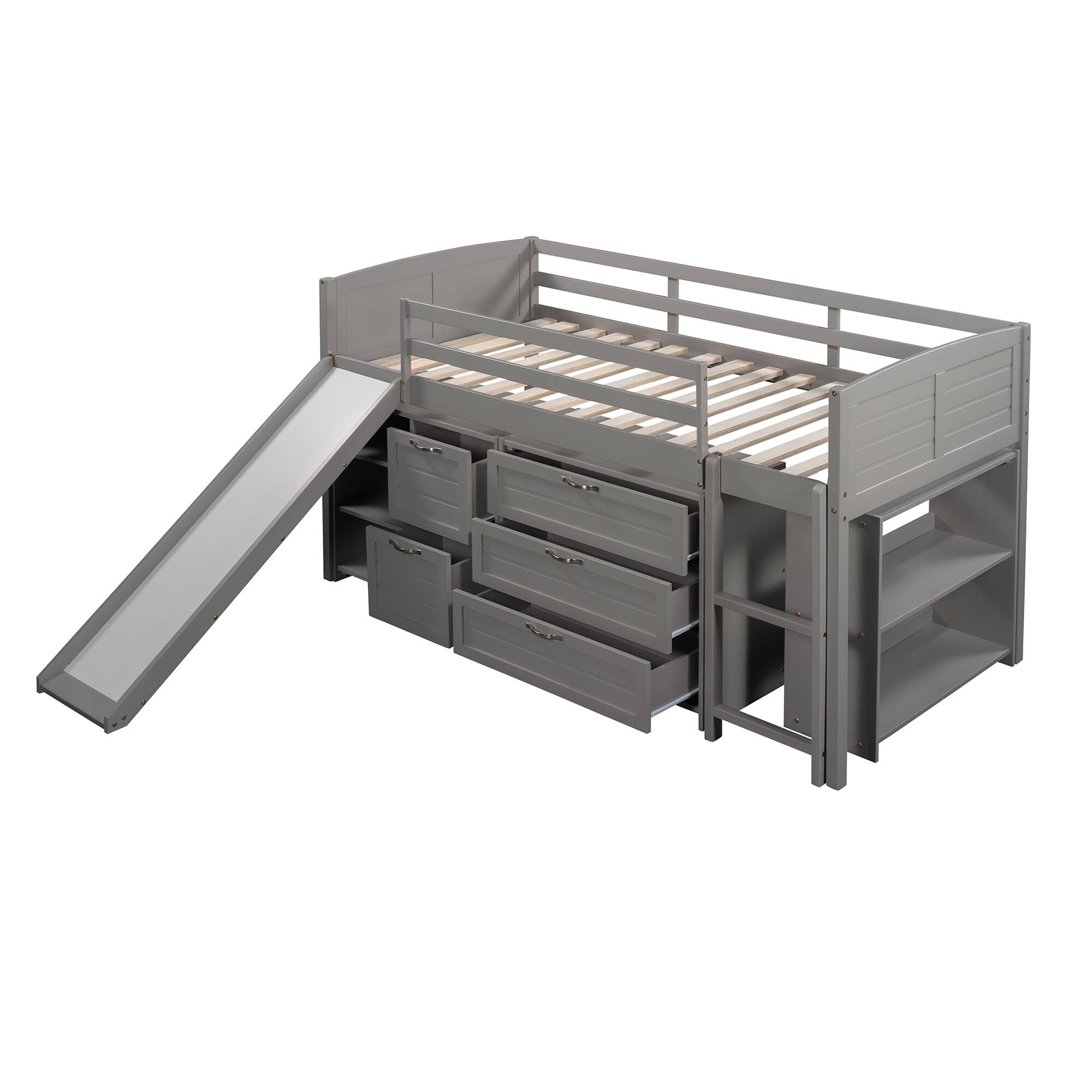 Low Twin Size Loft Bed with Shelves and Slide Bed Bath & Beyond 36060707