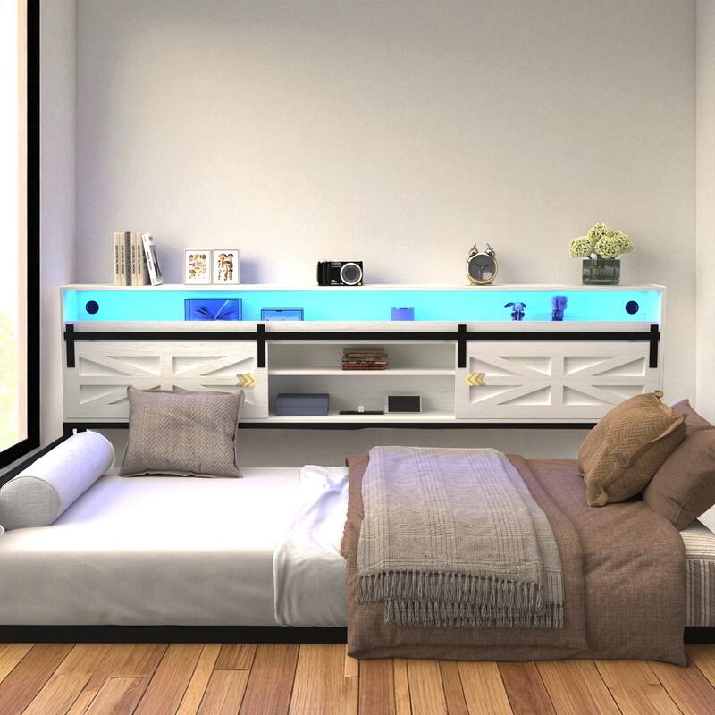 Twin Daybed with Trundle, Farmhouse Barn Door Headboard, Storage Shelf, Charging Station & LED Lights