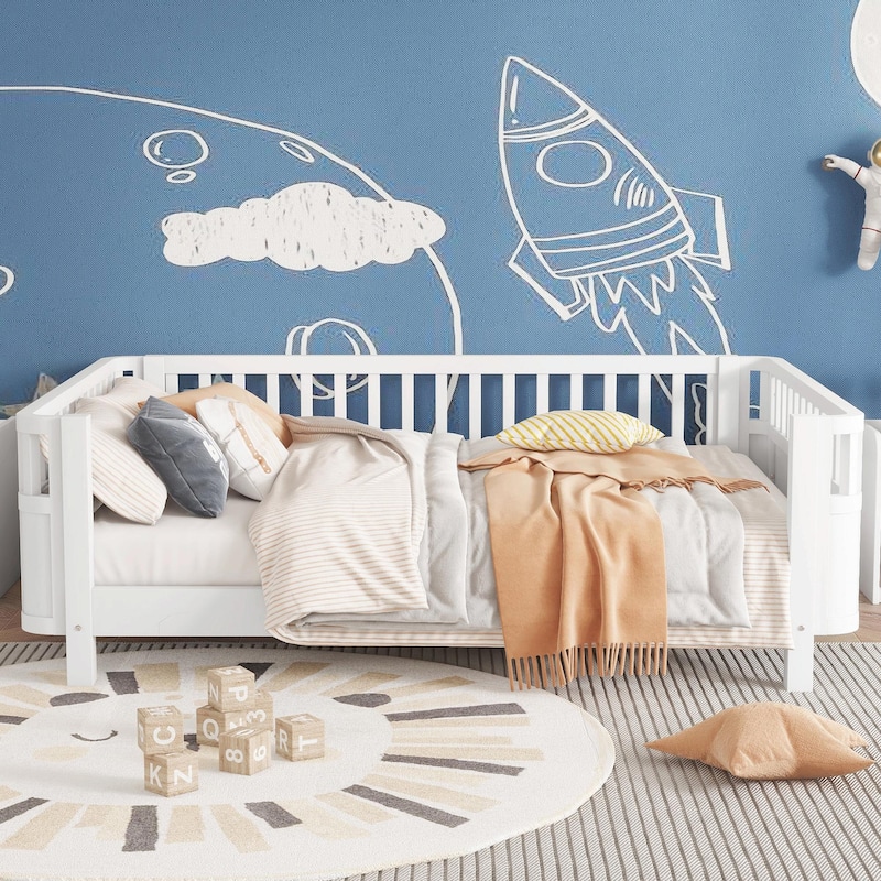 Wood Platform Bed for Kids, Low Profile Wooden Full Bed with Rails