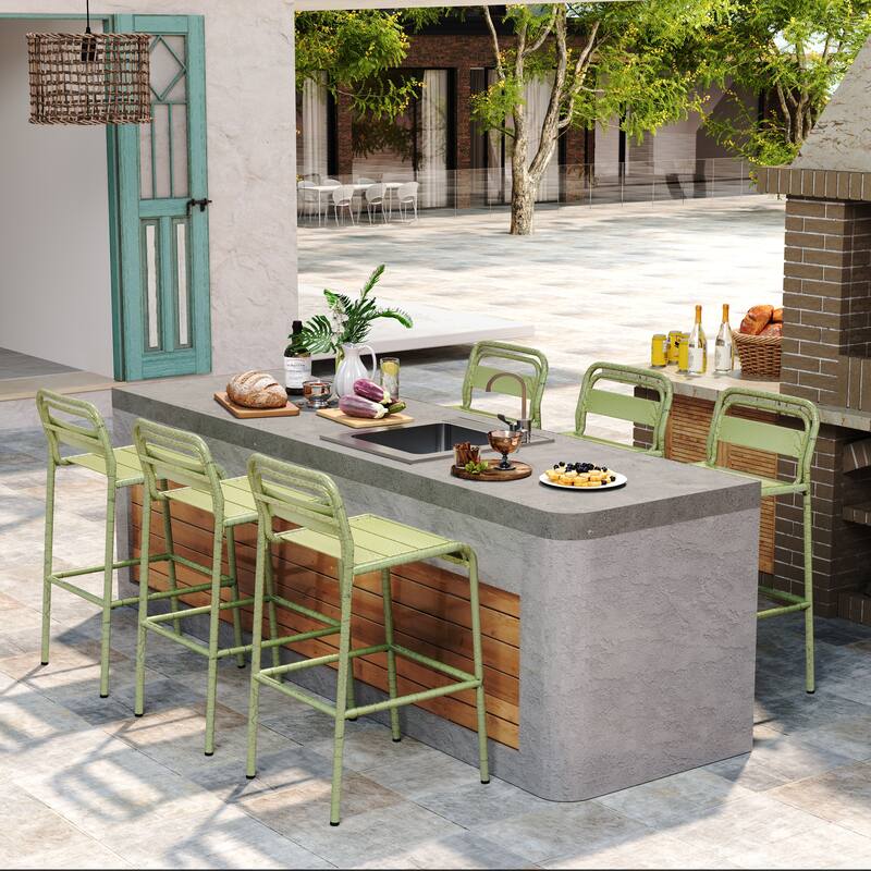 Roomfitters Carmella Outdoor Iron Slat Bar Stool with Matte Crackle Finish, Modern Patio Seating, Set of 2