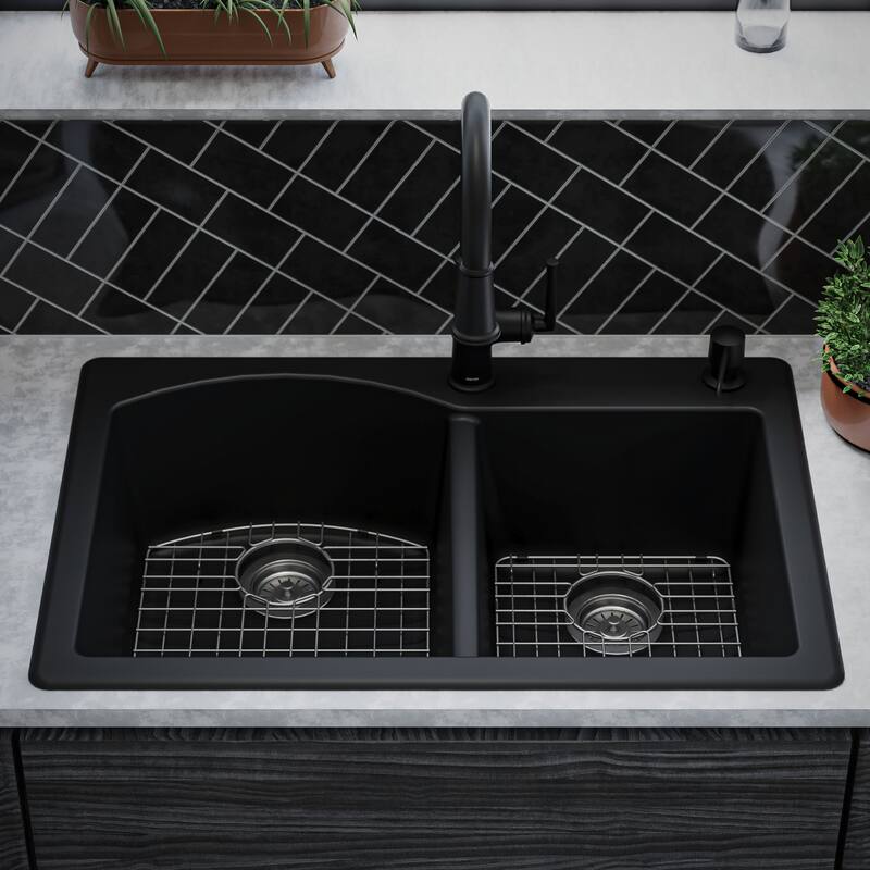 Karran Drop-In Quartz 33 in. 1-Hole 60/40 Double Bowl Kitchen Sink Kit