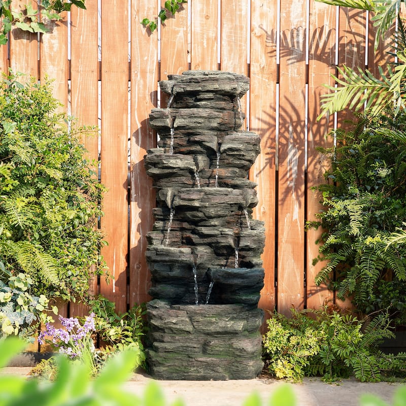 Glitzhome 39.25"H 9-Tiered Cascading Rock Polyresin Outdoor Fountain with Pump and LED Light