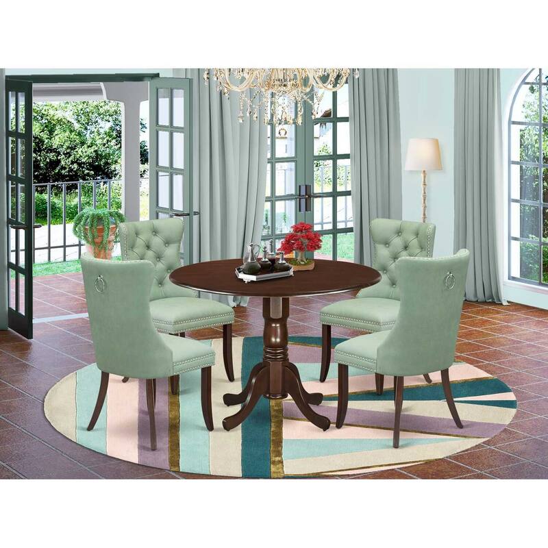 Round Dining Table Set with 4 Chairs, Kitchen Table Set, Mahogany Table & Upholstered Chairs, 5 Piece Set